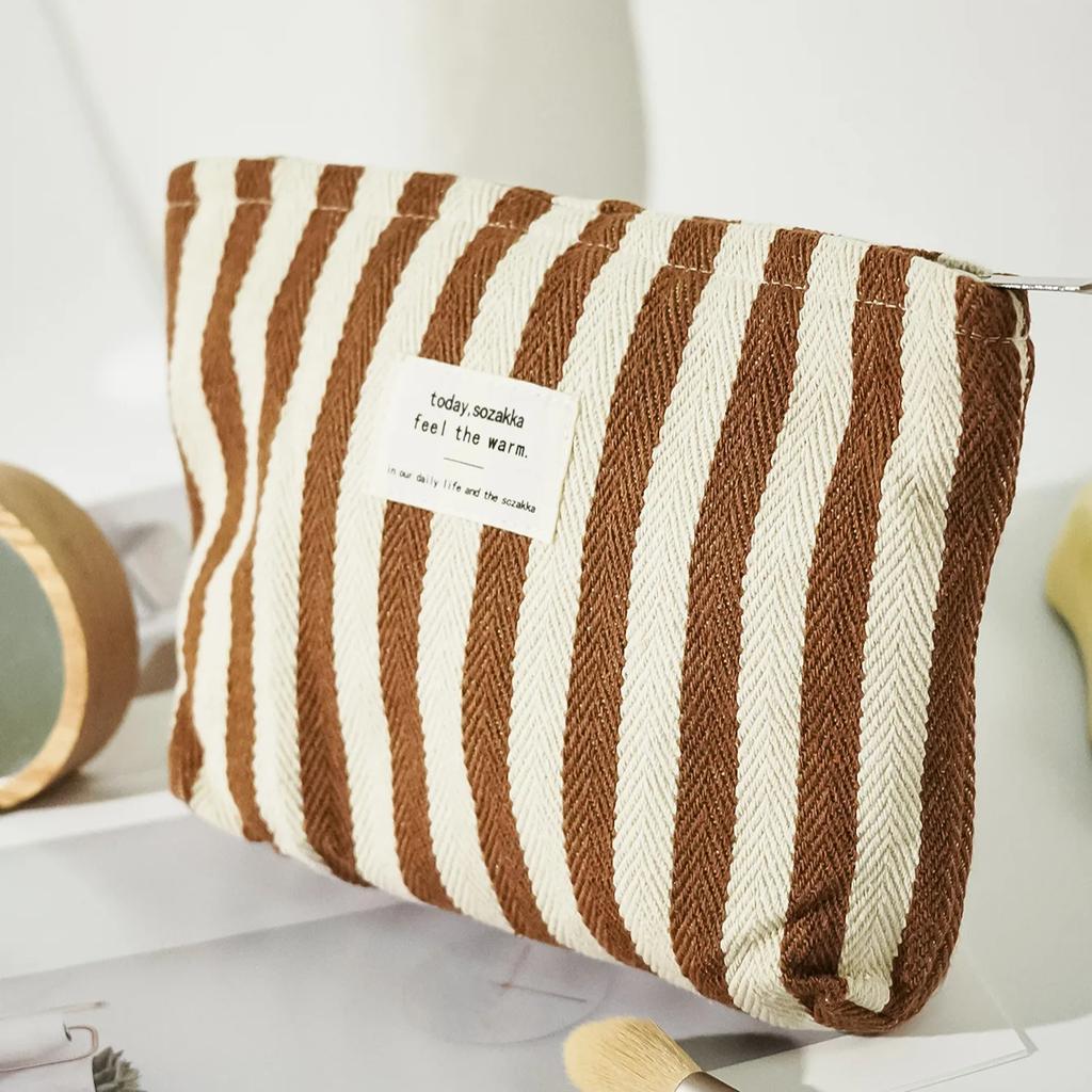 Women Stripe Comestic Case Clutch Pouch Canvas Makeup Storage Bag Women Handbag Portable Toiletry Travel Organizer Case