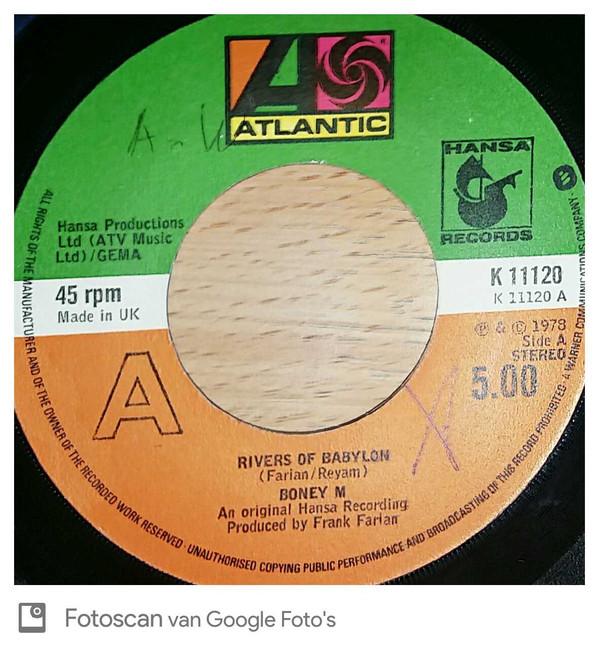 7-дюймовая пластинка BONEY M. Rivers Of Babylon K11120 Atlantic 1978 Великобритания Танцевальная Электроника Б/у
