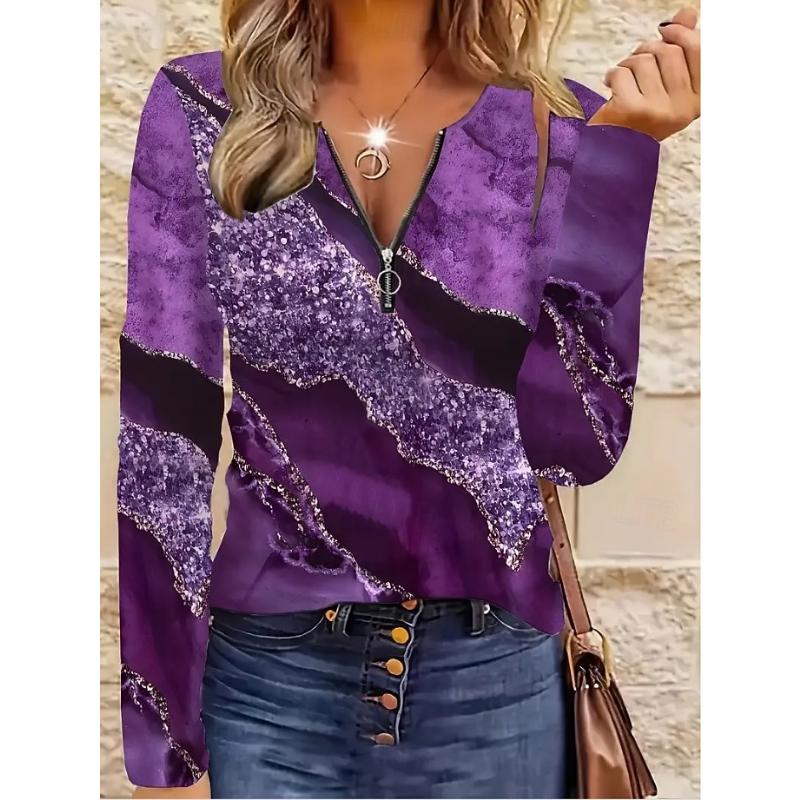 Women's T Shirt Quarter Zip Long Sleeve Casual Graphic Tribal Vintage Bohemia Tropical Hawaiian V Neck