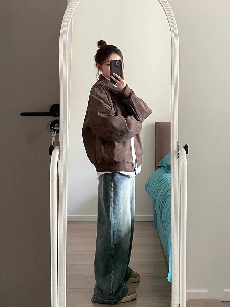 Женская куртка из высококачественной американской ретро-кожи коричневого цвета - Модная осенне-зимняя свободная парная верхняя одежда