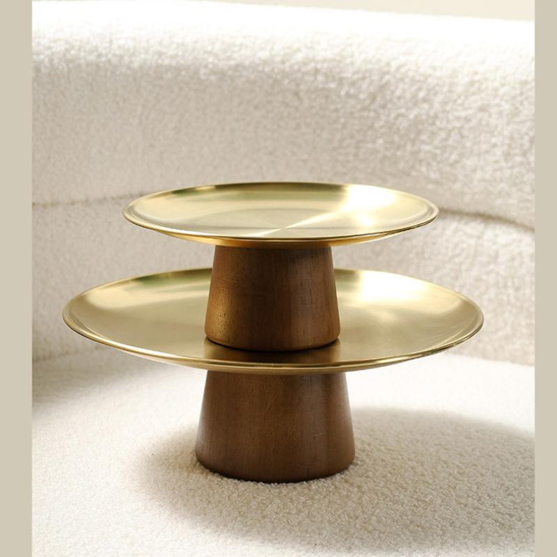 Тарелка для фруктов из нержавеющей стали с высокими ножками и деревянной основой. Тарелка для конфет в гостиную. Простая десертная тарелка. Украшения для домашнего обеденного стола.