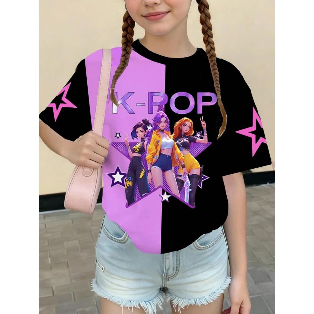 Kpop Style Short-Sleeve T-Shirts for Girls Funny Gift for Kids Summer Short Sleeve Tops Casual Round-Neck Outdoor Girls Clothes