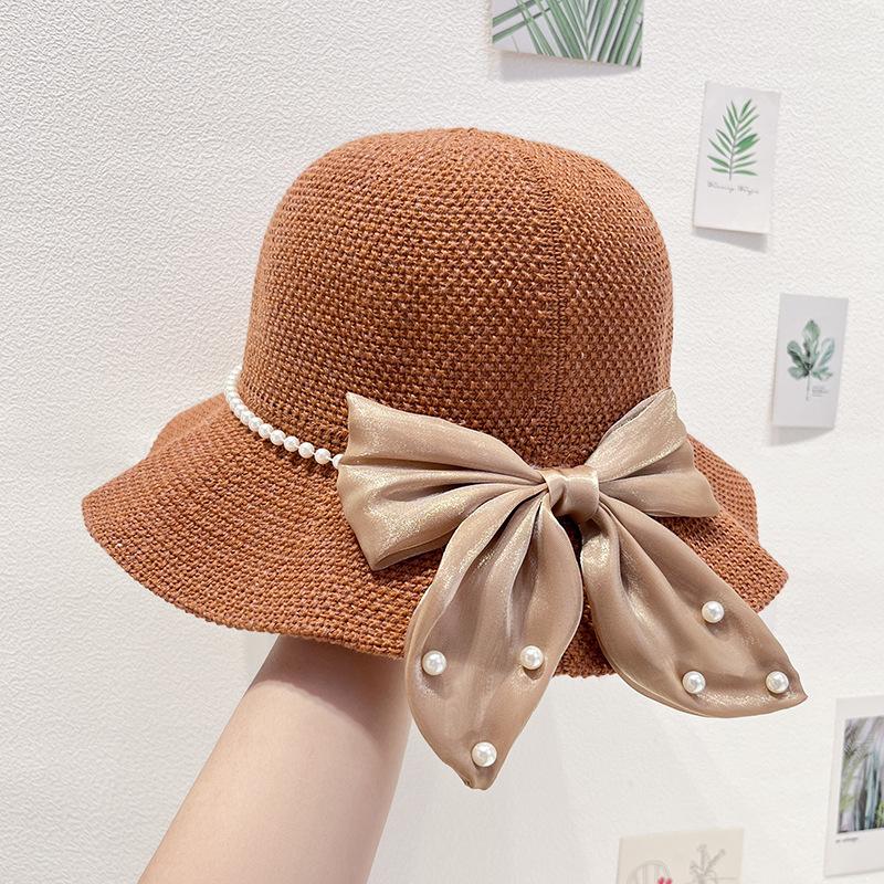 Women's Hat Summer Beach Tourism Vacation Pearl Bow Straw Hat Sunscreen Sun Hat Elegant Sunshade Hat