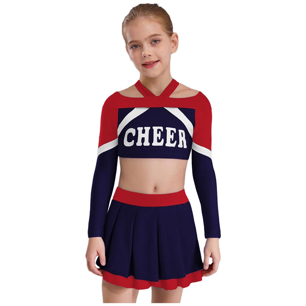 Girls Cheerleading Outfit Long Sleeve Letter Print Color Block Crop Top Pleated Skirt Set