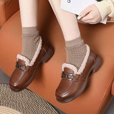 Женские лоферы из мягкого бархата и кожи, новинка 2025 года, британский стиль, для среднего возраста, хлопковые кожаные туфли на платформе, зимняя пушистая обувь