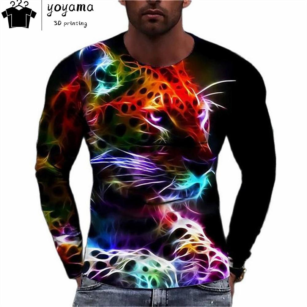 Футболки с принтом тигра Мужская одежда Модная мужская футболка с круглым вырезом и длинным рукавом Повседневная свободная мужская одежда с принтом тигра Топы