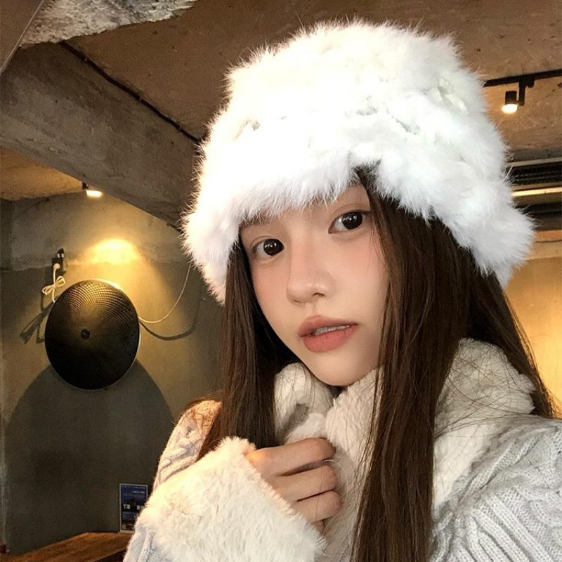 Women Winter Thick Warm Knit Fisherman Hat White Rabbit Fur Small Face Cap