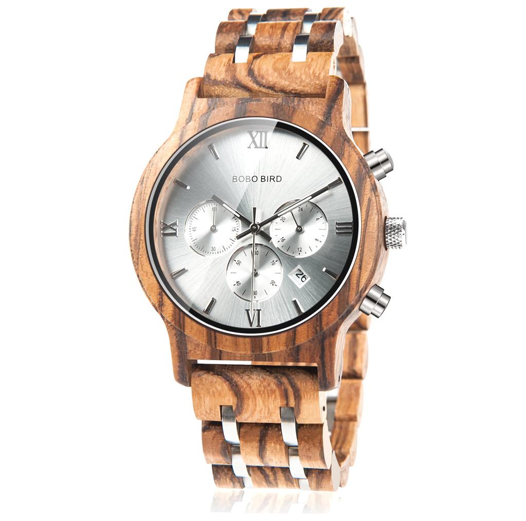 BOBO Bird Wood Watch Luxury Wood Metal Strap Chronograph Date Display Quartz Watch Versatile Watch Metal White Men's Men's