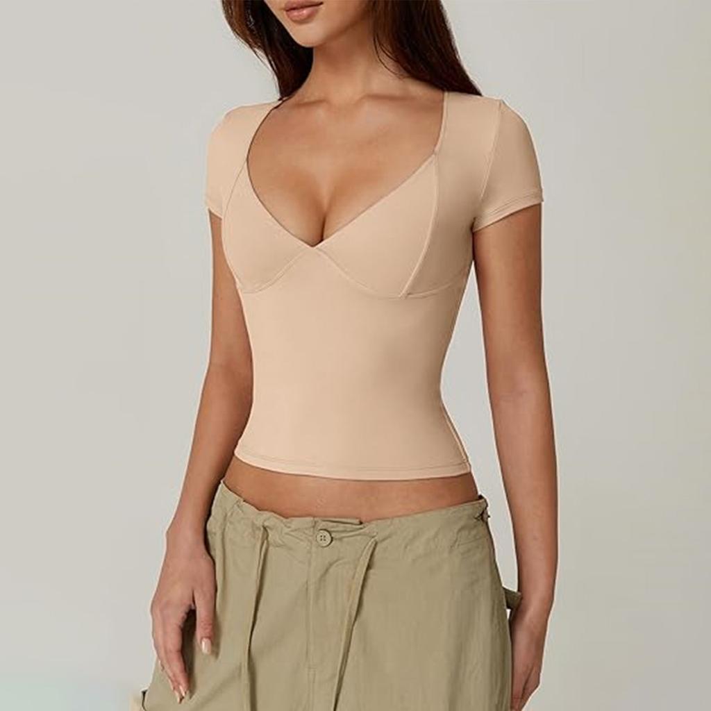 Women's Top Slim Fitting T-Shirt V-Neck Top With Bottom Short Sleeved Sexy Solor Top T-shirt