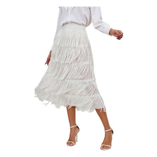 Женская юбка-миди с эластичной резинкой на талии, трапециевидная юбка средней длины с бахромой, однотонная юбка для отдыха, пляжа, путешествий, одежда