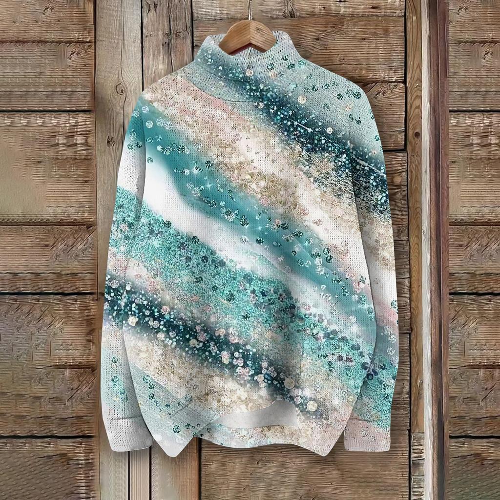 Женская мода повседневная с длинным рукавом и принтом, с высоким воротом, шерстяной трикотаж