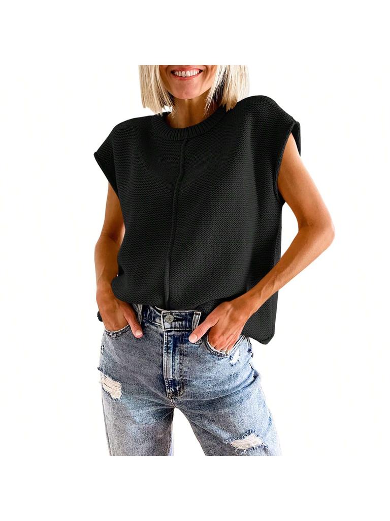 Women's Cap Sleeve Knit Pullover Crew Neck Lightweight Short Sleeve Summer Sweater
