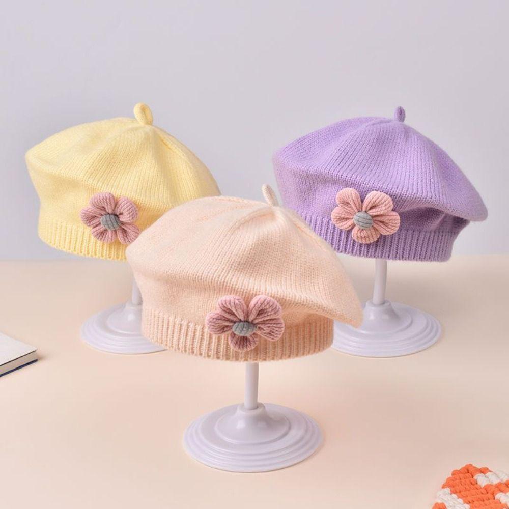 Korean Baby Beret Hat Flower Baby Knitted Hat New Artist Painter Caps For Infant Girls