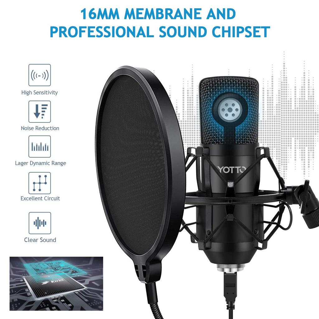 YOTTO USB Microphone Condenser Microphone PC Microphone Set Microphone Stand Pop Guard with Arm Stand Recording Live Broadcast YOUTUBE Game Commentary
