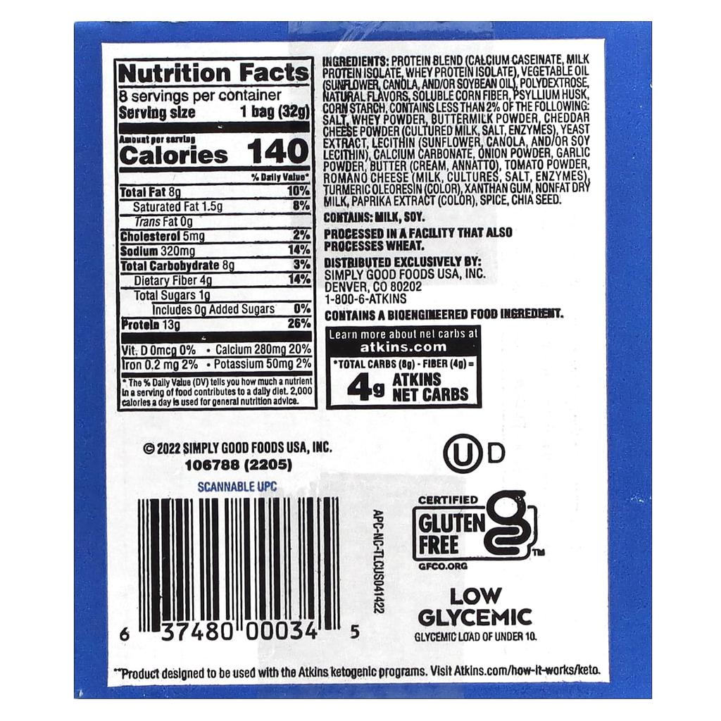 Atkins Protein Chips, Nacho Cheese, 8 Packets, 1.1 Oz (32 G) Each