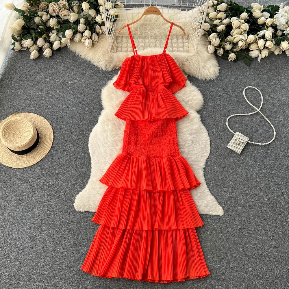Women Summer Dress Sweet Chiffon Suspender Temperament French Gentleness Elegant Feeling Ruffle Cake Fairy Dress D3227