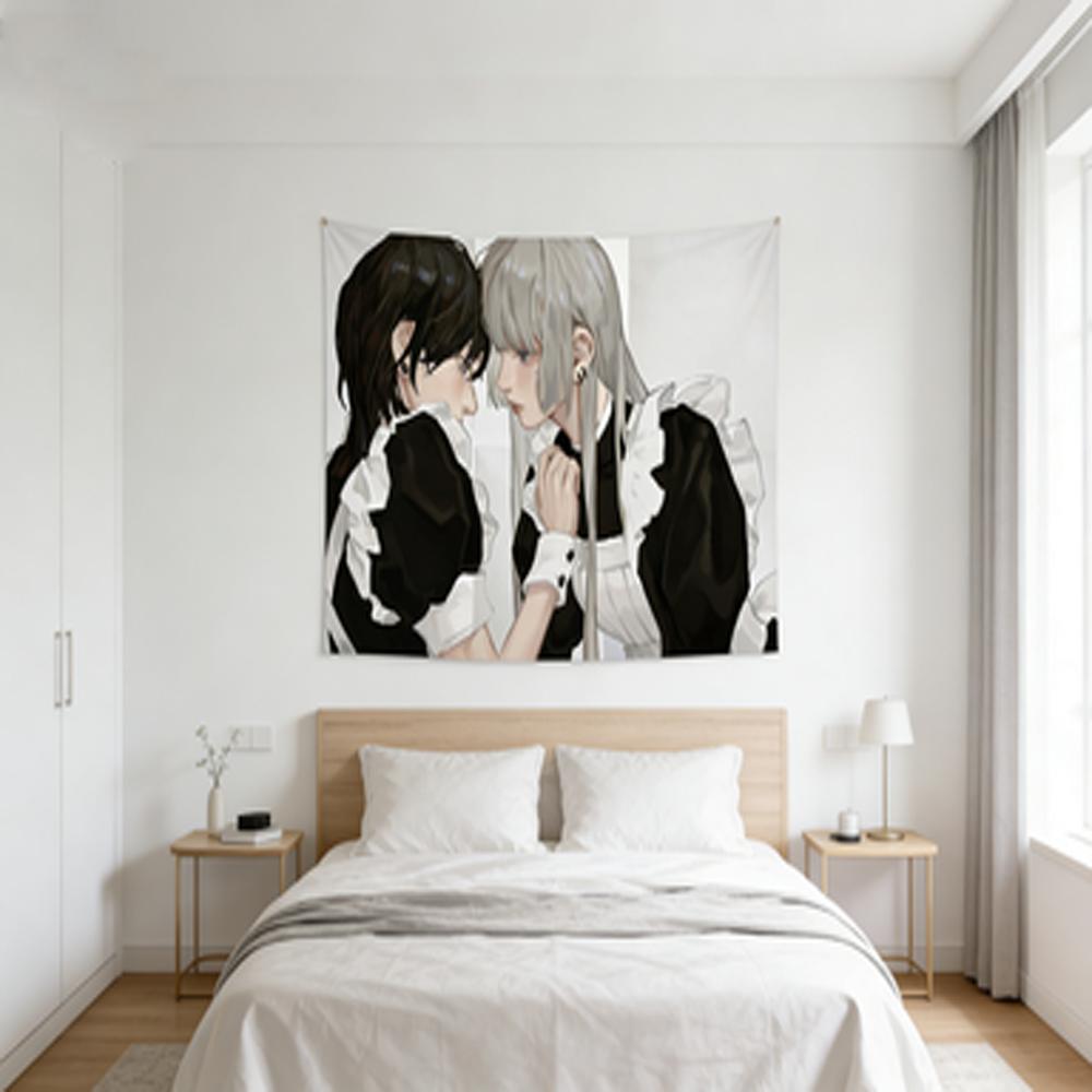Cute Maid Style Black White Flannel Wall Hanging Tapestry for Bedroom Headboard Decor Cute And Stylish Wall Hanging