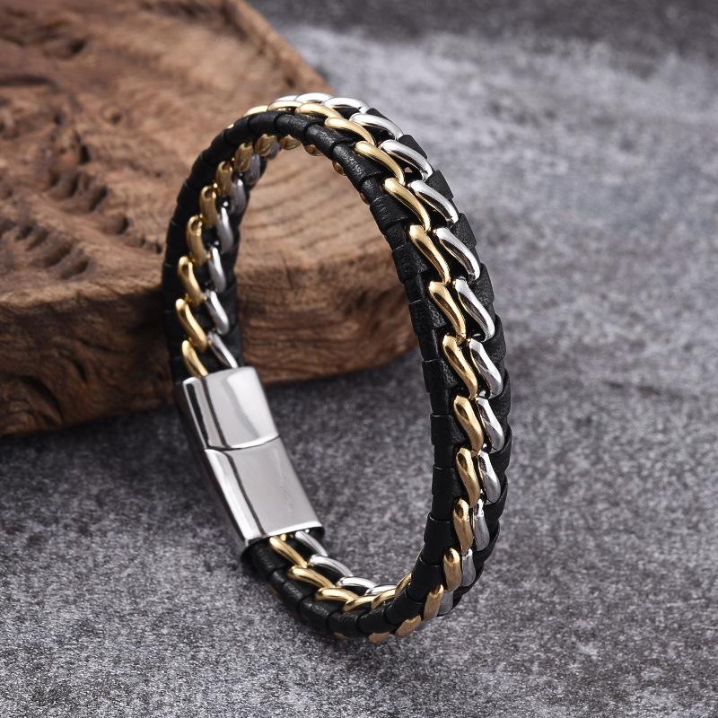 Модный ювелирный браслет из нержавеющей стали с перекрестными границами, кожаный браслет из черного золота, персонализированный мужской браслет в стиле ретро-панк