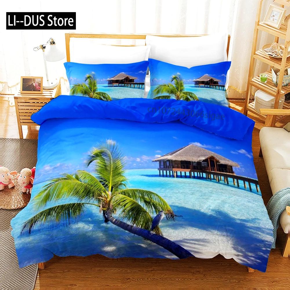 Tropical Duvet Cover Set King Size Microfiber Palm Trees Silhouette Sunset Tropical Beach Coastline Exotic Vacations Bedding Set