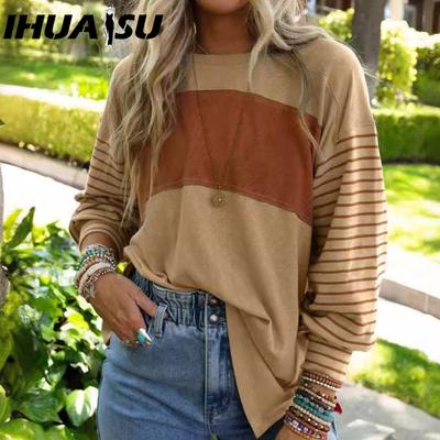 Женский свитер с круглым вырезом, повседневная полосатая цветная футболка с длинным рукавом, весна-осень