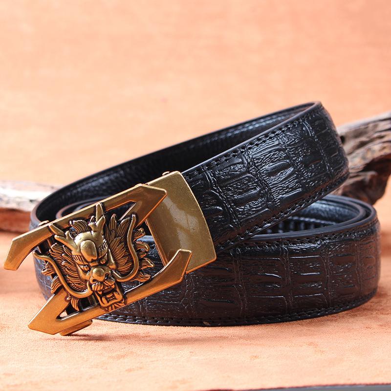 Men's Leather Belt with Automatic Buckle, Genuine Leather, Bronze Buckle, Faucet for Middle-aged and Young Business Casual Pants