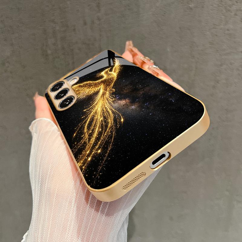 2D чехол для телефона с узором Феникса и эффектом flowing light для Samsung Galaxy S26 S25 S24 S23 S22 S21 S20 A56 A55, Золотой стеклянный защитный чехол