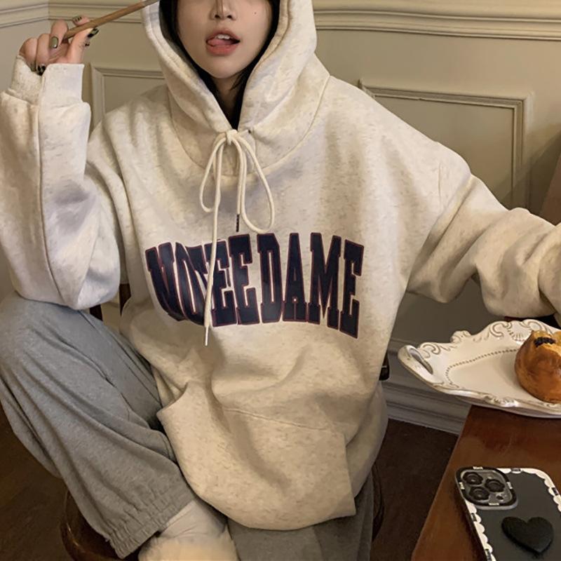 Padded Hooded Sweater Female Autumn and Winter Big Size Printed Fleece Shirt Autumn and Winter Loose Tops Fashion Retro Versatile Sweatshirt