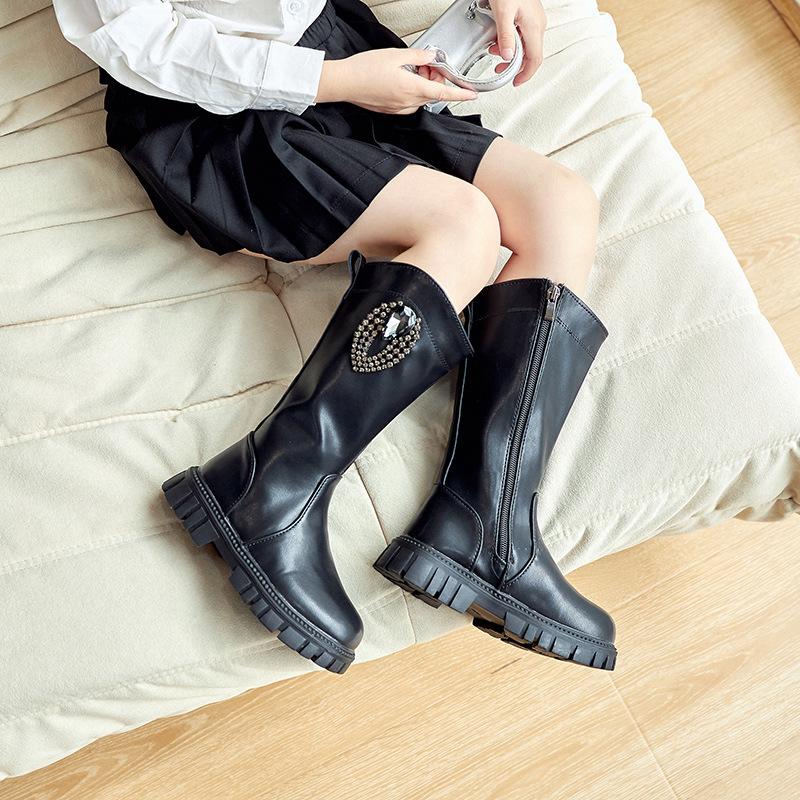 Сапоги для девочек теплые 2024 года, новые осенне-зимние модные детские универсальные нескользящие высокие сапоги со стразами для подиума, детские дышащие сапоги из искусственной кожи