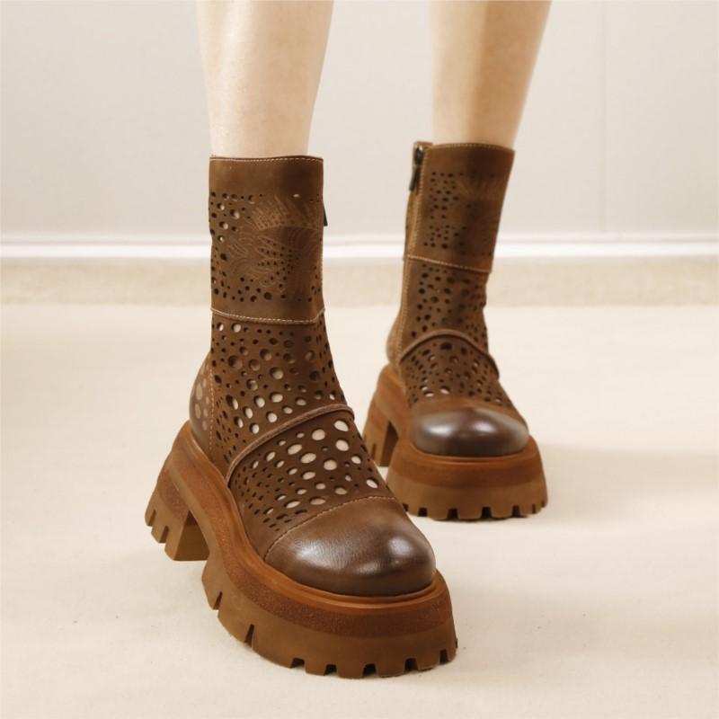 Johnature High End Retro Hollowed Out Short Boots Genuine Leather Versatile Breathable Women's Shoes