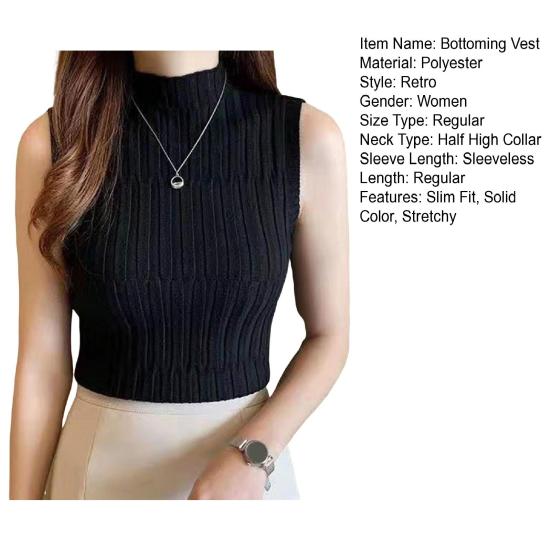 Women Bottoming Vest Half High Collar Sleeveless Knitting Tops Slim Fit Solid Color Tank Tops Streetwear