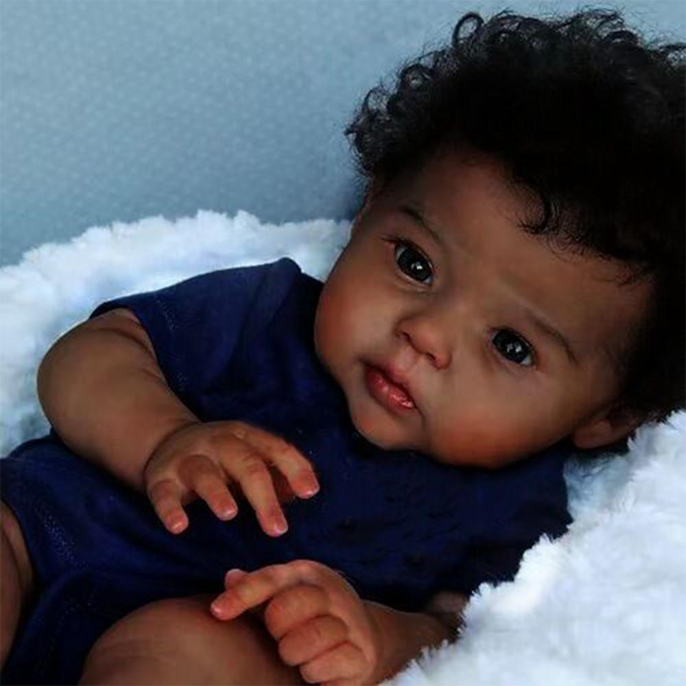 50cm Reborn Baby Doll Raven Black Skin Hand Rooted Curly Hair Doll Toy Soft Cloth Body Dolls Toys