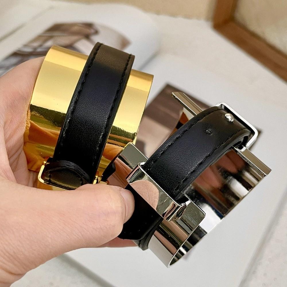 Golden Exaggerated Metal Bangle Armlet Women Open Bangle Belt Buckle Leather Bracelet  Party