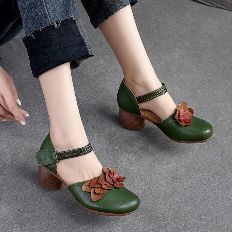 Johnature Женские сандалии в стиле ретро из натуральной кожи, универсальные сандалии ручной работы на среднем каблуке с цветочным узором и круглым носком, женская обувь