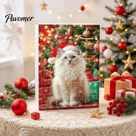 Cute Cat Decorations 24 Day Advent Calendar with Acrylic Christmas Ornaments, 2D Flat Holiday Home Decoration Hanging Decorations, Xmas Tree