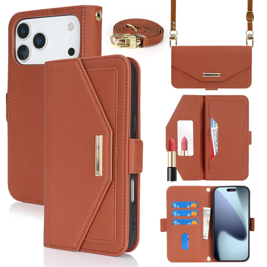 Mirror Wallet Magnetic Leather Case for iPhone 17 Pro Max Air 17E 16 15 14 13 Mini 12 11 7 8 Plus SE Xs XR Crossbody Strap Cover