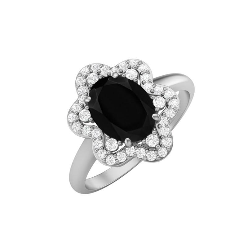 8X6MM Oval Black Spinel Gemstone 925 Sterling Silver Solitaire Halo Women Engagement Ring