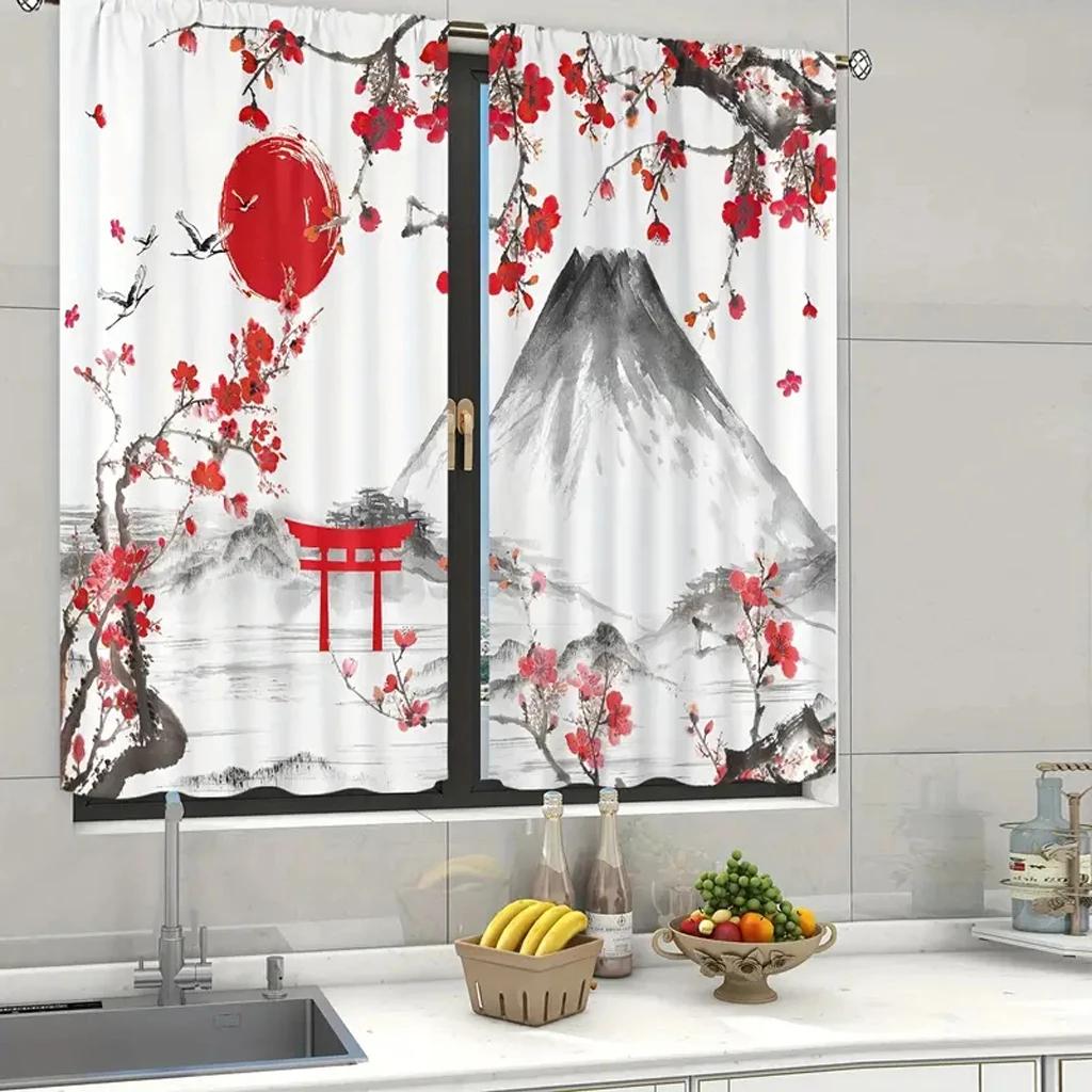 2pcs Japanese Cherry Blossom Moon Minimalist Curtains for Living Room Bedroom Modern Window Decor