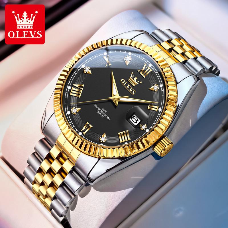 Мужские водонепроницаемые светящиеся кварцевые часы Oulishi Gold с стальным ремешком