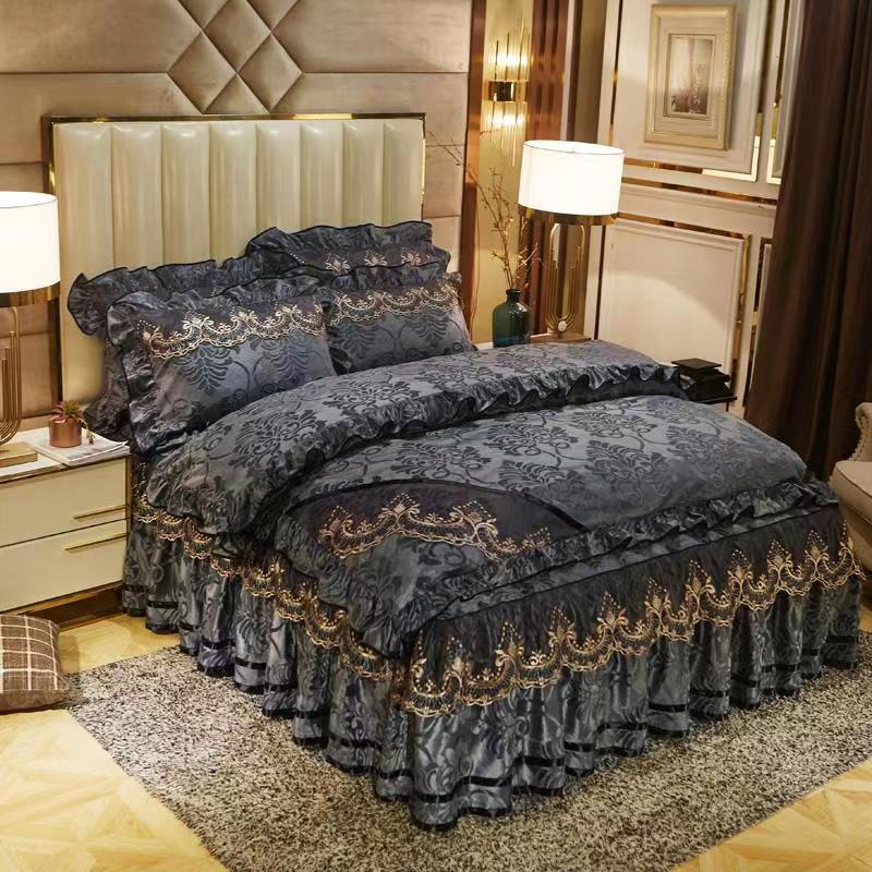 Размер King Size/Queen Size/Twin Size Кружевная юбка-кровать Пододеяльник Наволочка Комплект из четырех предметов Утолщение Теплая спальня Простое постельное белье Высокое качество Осень Зима