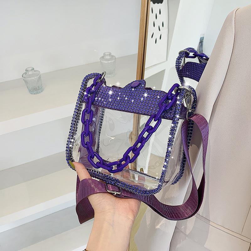 PVC Transparent Shoulder Crossbody Bag Rhinestone Thick Chain Ladies Small Purse and Handbags Fashion Jelly Summer Beach Totes CLE