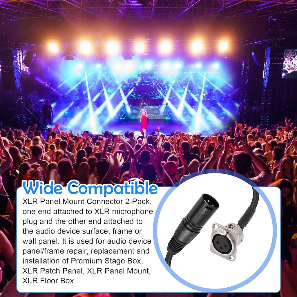 2FT XLR Pass Through Cable, 3Pin D-Type XLR Female to Male Connector, No Solder for Stage Box, Patch Panel, Floor Box with Screws and Nuts, 2Pack