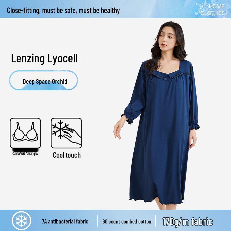 Пижама из тенселя и хлопка больших размеров с бюстгальтером: Летняя ночная сорочка с длинным рукавом и охлаждающим эффектом для женщин