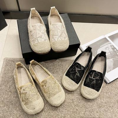 Кружевные дышащие модные туфли для рыбалки женские 2024 весна новые ретро льняные тканые мокасины повседневные туфли на плоской подошве