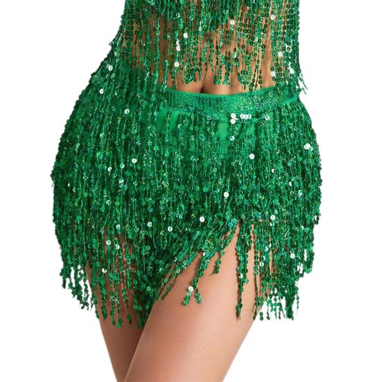 Belly Dance Sequin Tassel Skirt Sparkling Glitter Rave Fringe Mid-rise Skirt Solid Color Dance Parties Performances Skirt