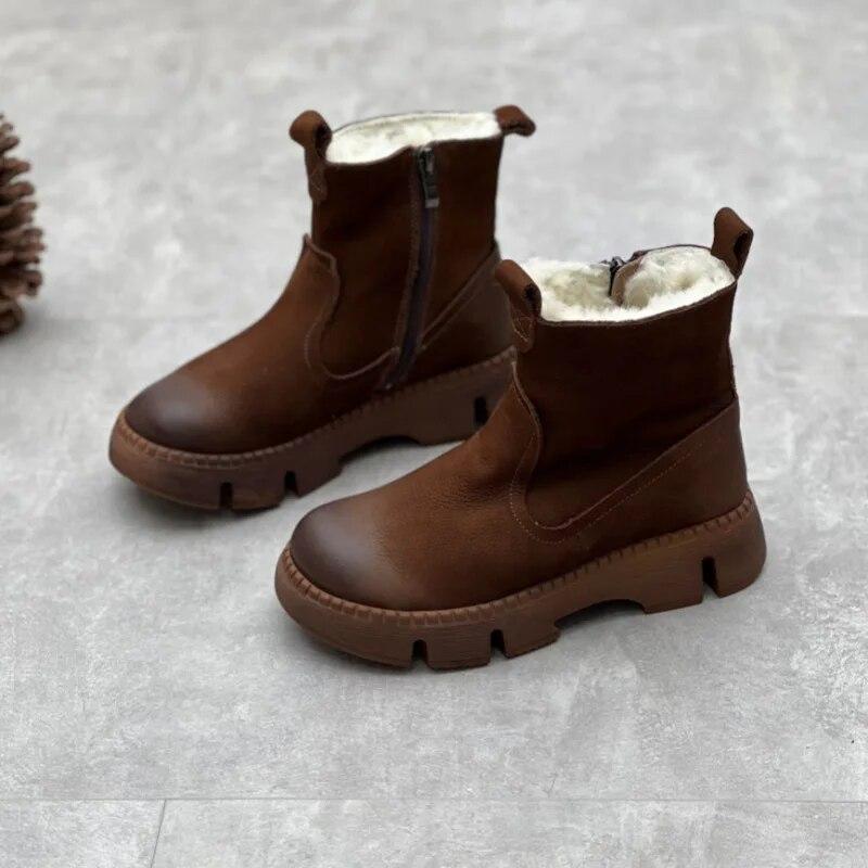 Johnature Винтажные ботинки ручной работы из натуральной кожи из шерсти, женские короткие сапоги с круглым носком на утолщенной теплой толстой подошве