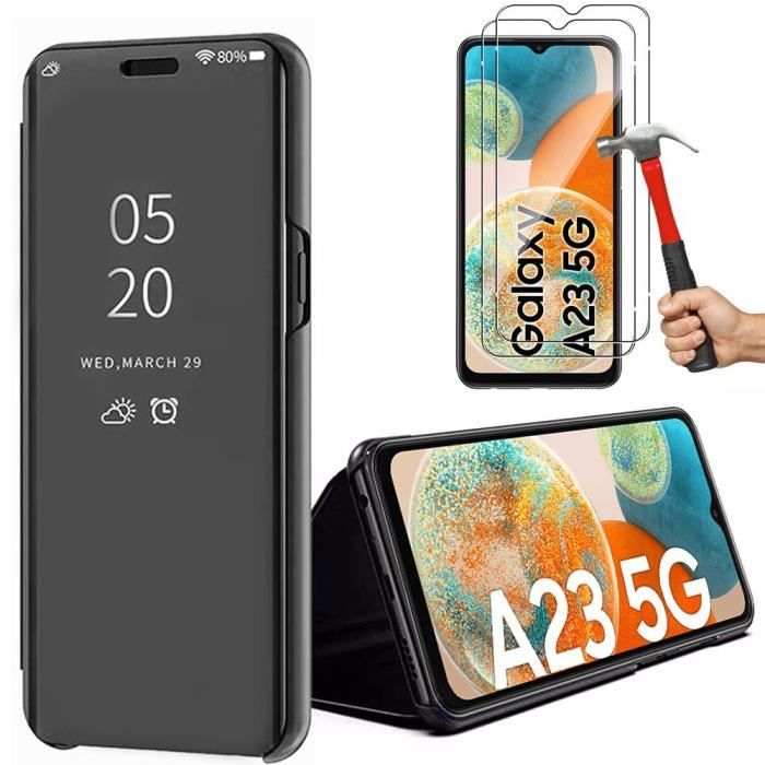 Coque de protection pour Samsung A23 5G - BOOLING - Effet Miroir Clear View - Noir - 2 Verres Trempés