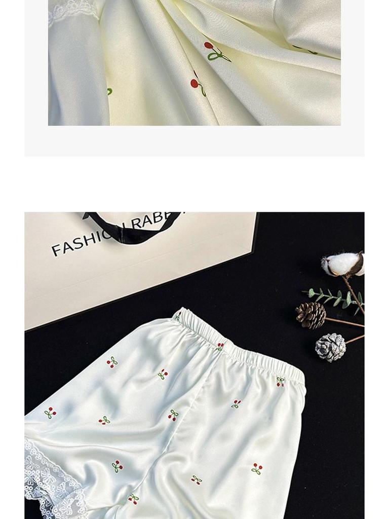 Women's Ice Silk Cherry Print Pajama Set - Elegant Summer Three-Piece Lounge Wear