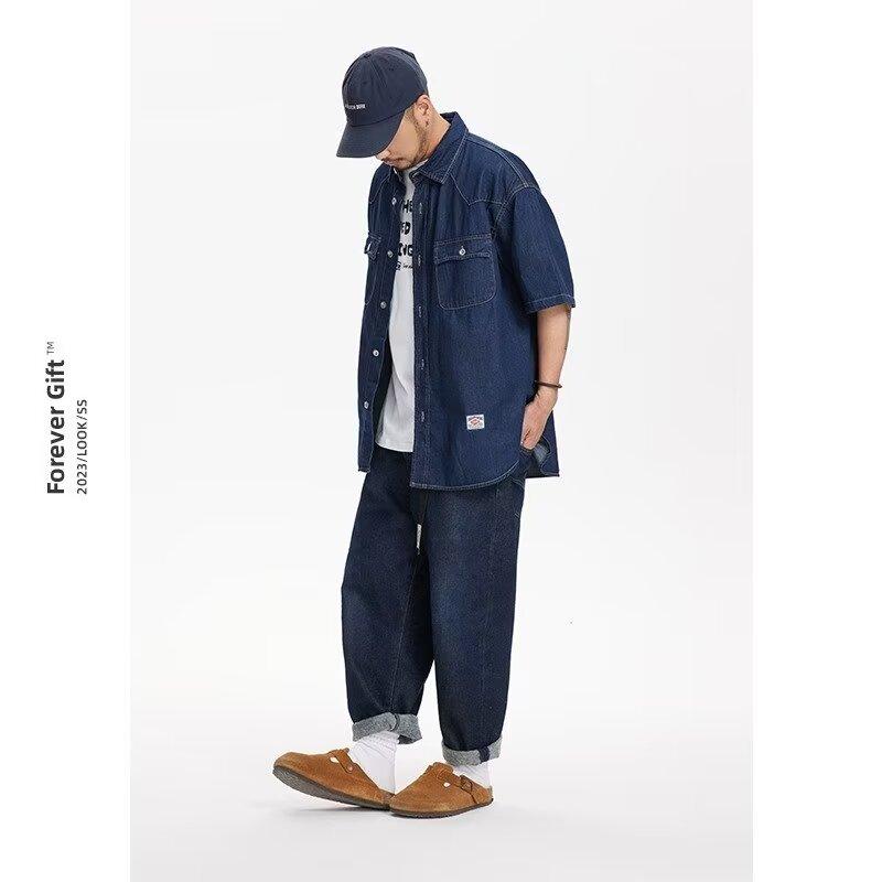 Японский ретро модный бренд летняя свободная джинсовая рубашка с короткими рукавами художественная молодежная рабочая рубашка мужская и женская многослойная куртка