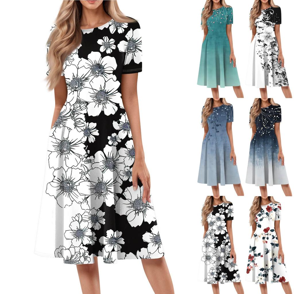 Women's Loose Casual And Fashionable Round Neck Short Sleeved Printed Mid Length Dress