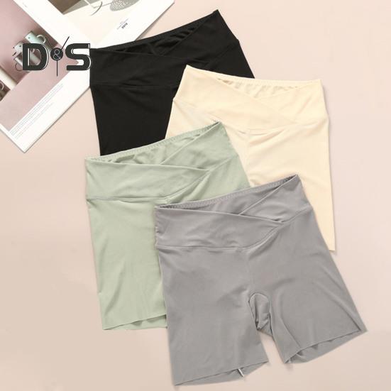 Women Safety Shorts Cross Waistband High Waist Ice Silk Seamless Yoga Leggings Solid Color Ultra-thin Bottoming Shorts